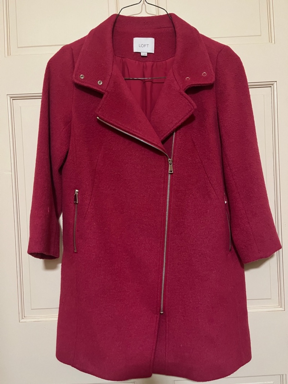 LOFT Raspberry Wool-Blend Asymmetrical Zip Pea Coat